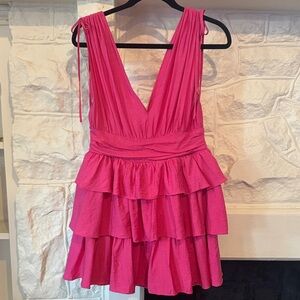 Mustard Seed Bright Hot Pink Tiered Ruffle V-Neck Mini Dress